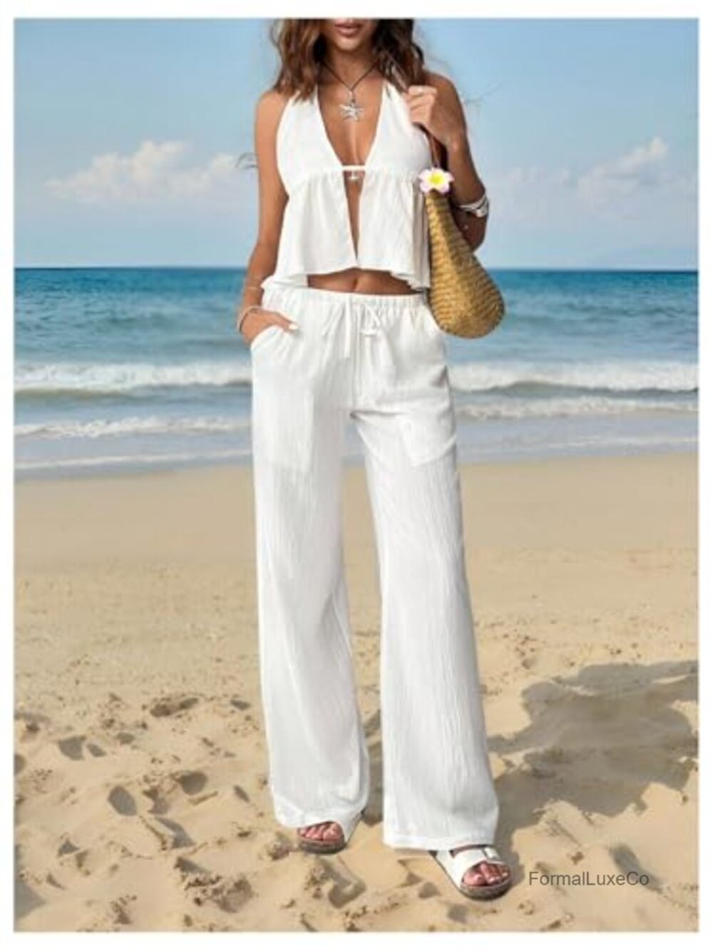 Women's 2 Piece Outfits Halter Tops Wide Leg Pants Sets Sleeveless Deep V Neck - Picture 5 of 5